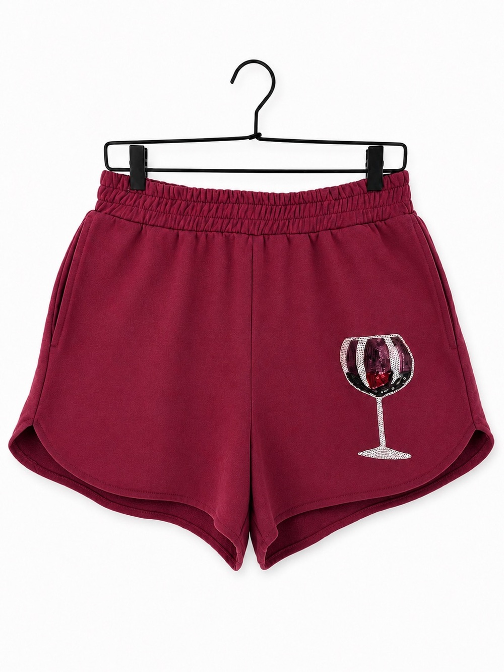 Queen of Sparkles Sequin Wine Glass Fleece Shorts Maroon Large Sweat Shorts